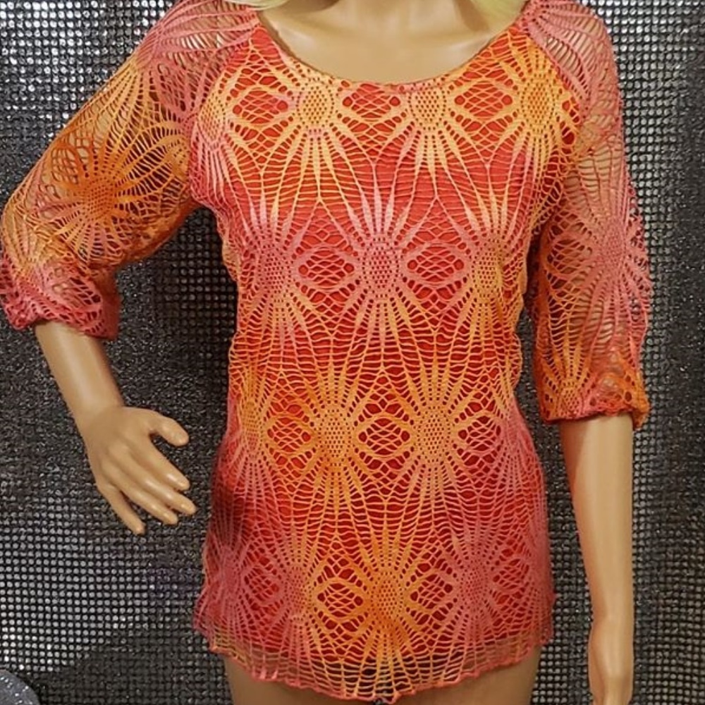 Sheer Arm Mesh Tropical Sunset Tunic / Top